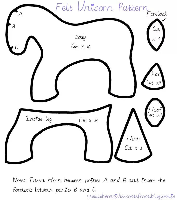 Лошадка выкройка мягкой игрушки Felt Unicorn Pattern by Where Wishes Come From Blog Unicorn pattern, Unicorn dol