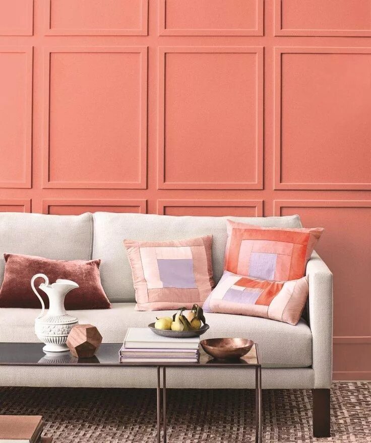 Лососевый цвет в интерьере peach wainscot wall, pantone blooming dahlia, coral peach, salmon pink, ivory so
