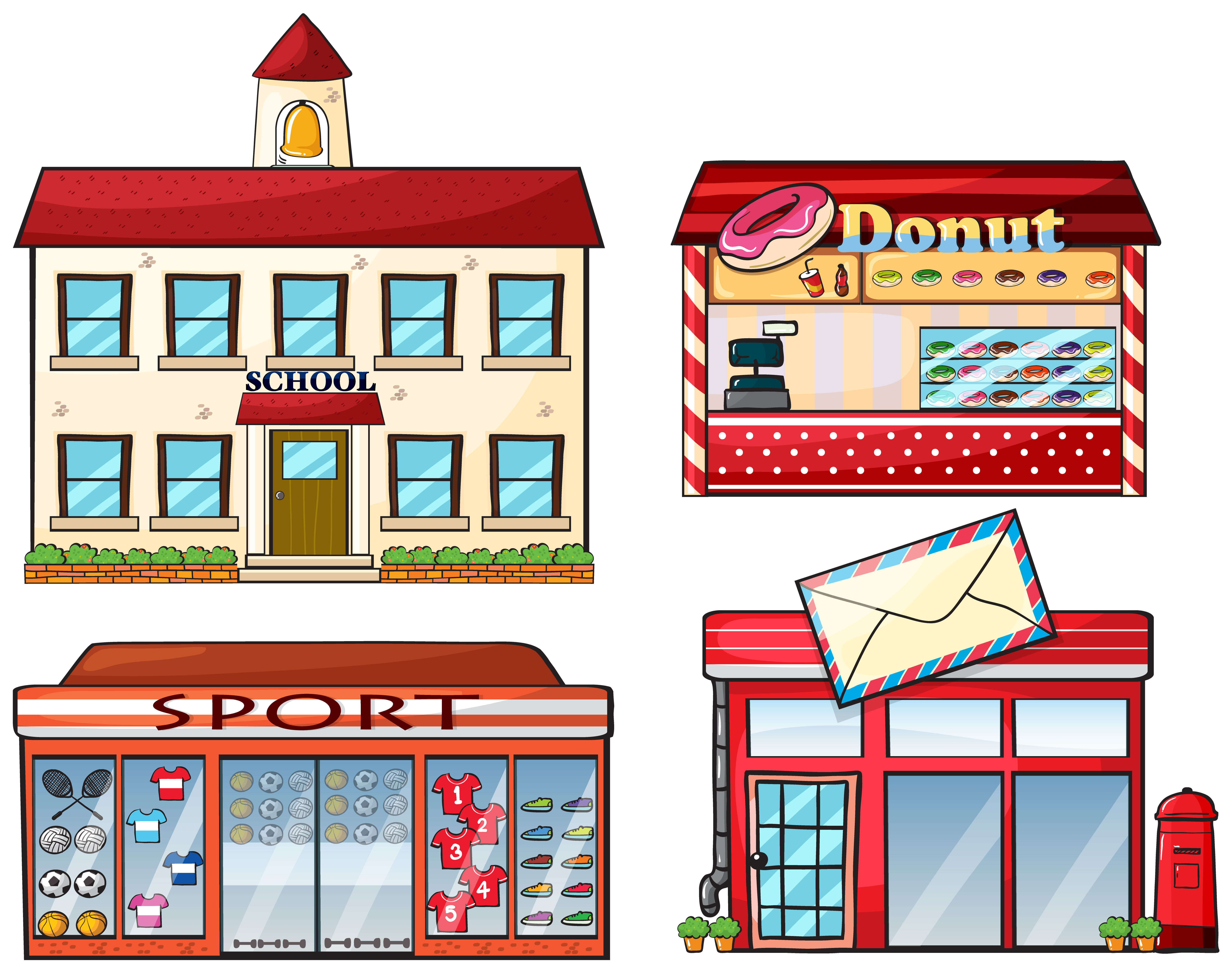 Магазин пример дом A school, donut store, sport shop and a post office 360945 Vector Art at Vecteez