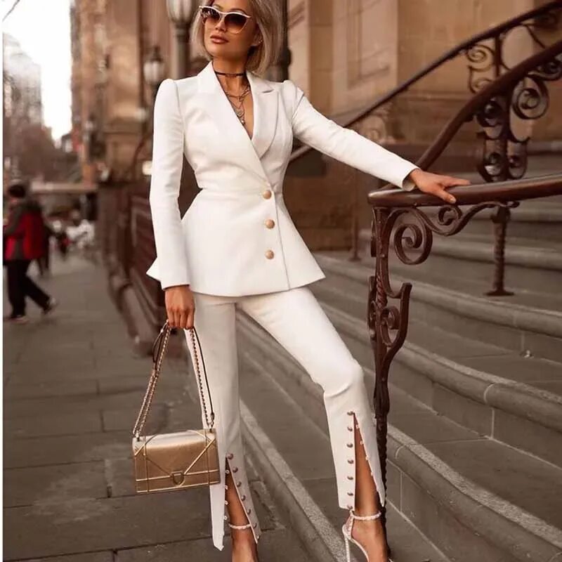 Магазины женской одежды в классическом стиле Erdaoben Blazers Suit For Party Women Simple Pants Suits For Women Two Piece Set