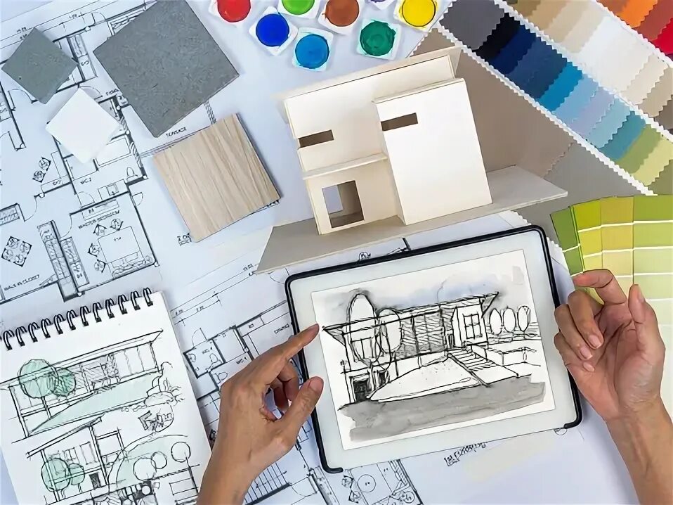 Магистратура дизайнер интерьера Architect Interior Designer Working At Worktable With Tablet Home Model Stock Ph