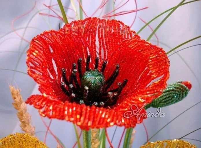 Мак из бисера мастер класс фото мастер-класс: плетем маки из Fiori di perline, Perline, Papaveri