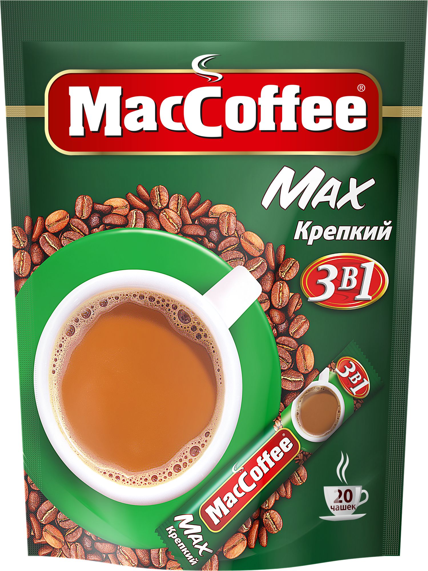 Мак кофе фото Растворимый кофе MacCoffee Max Крепкий 3 в 1, в стиках, 20 уп, 320 г - купить в 