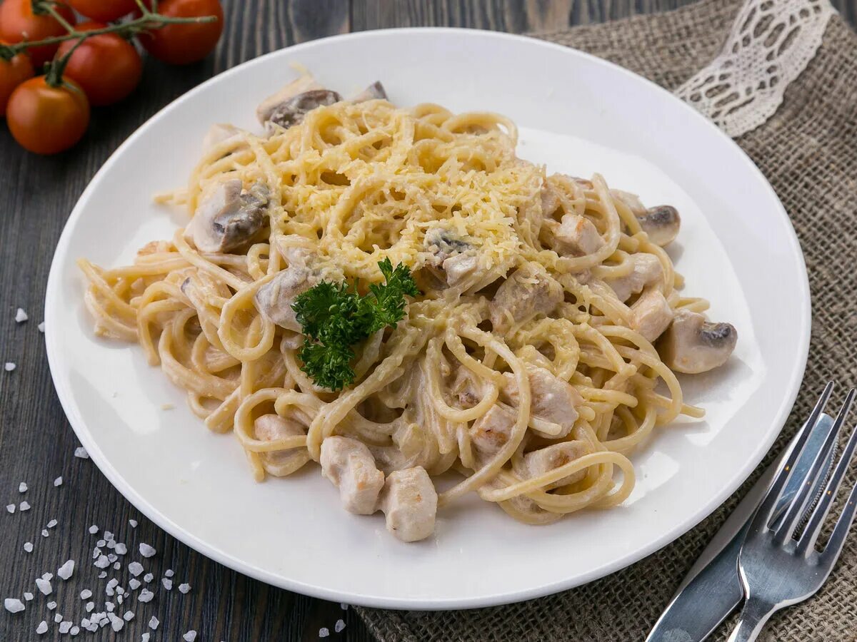 Макароны в сливочном соусе фото ПАСТА С ГРИБАМИ И КУРИЦЕЙ