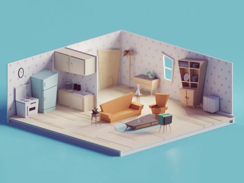 Макет интерьера комнаты 60s/70s Low poly living room Vintage living room, Vintage living room design, Lo