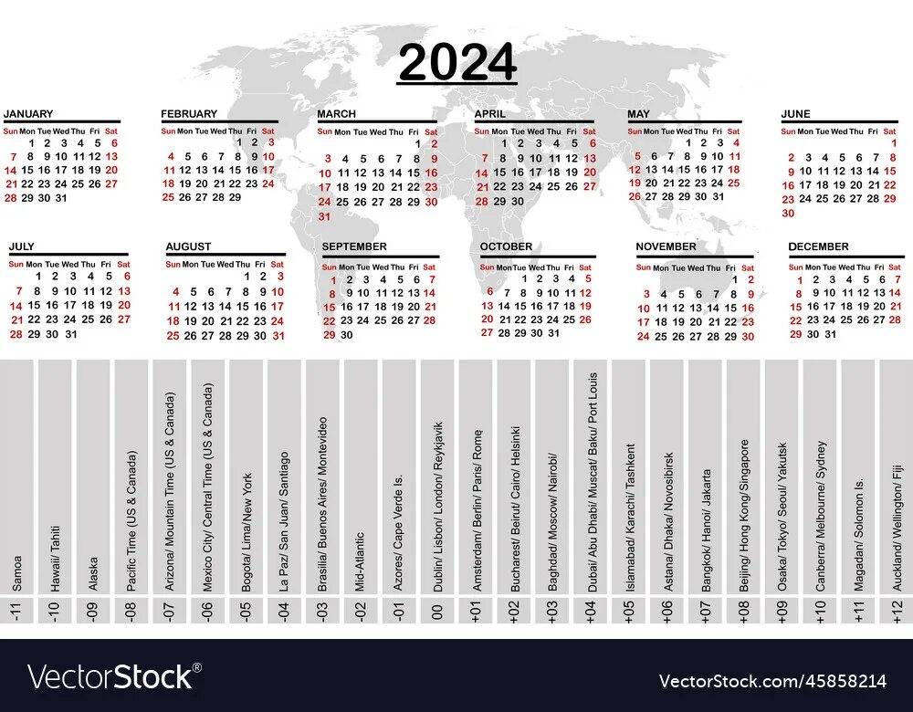 Макет календаря на 2025 год 2024 calendar with world map and time zones Vector Image
