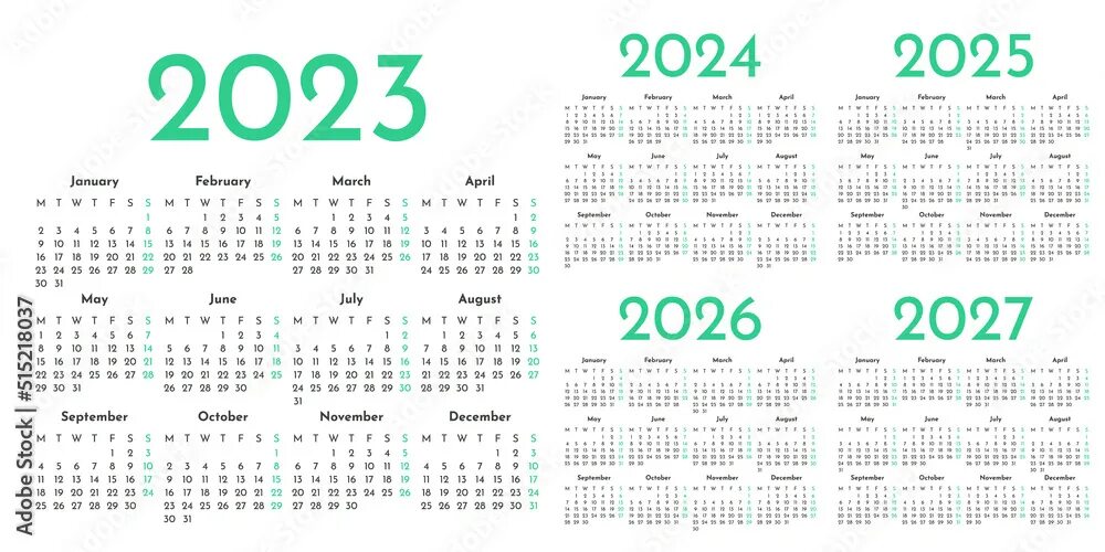 Макет календаря на 2025 год Set of green and white monthly calendar templates for 2023, 2024, 2025, 2026, 20