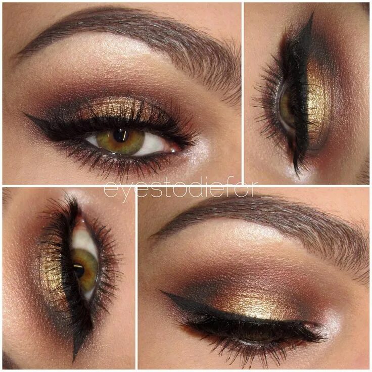 Макияж для янтарных глаз Shimmery Gold Halo Eye with Dramatic Winged Liner