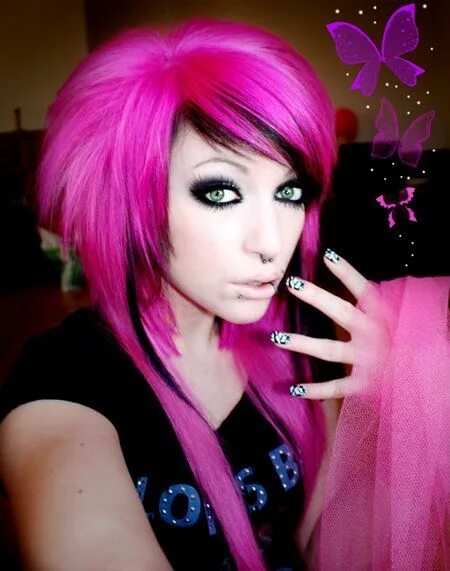 Макияж эмо 2024 год neon pink hair w/ black highlights Scene hair, Hair color pink, Dyed hair