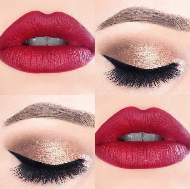 Макияж глаз и губ Golden tones and deep red lip. Skin makeup, Eye makeup, Fashion makeup