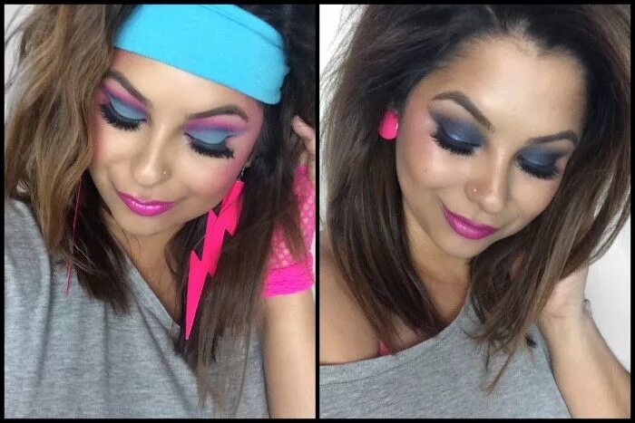 Макияж глаз в стиле 90 80s costume ideas, with make up, neon blue and purple eye shadow, big fake lashe