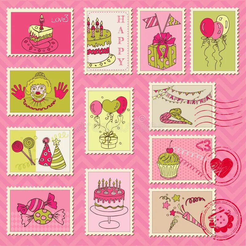 Марка с днем рождения картинки Birthday Postage Stamps Set for Girls. Stock Illustration - Illustration of hand