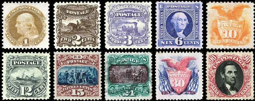 Марка товара фото Почтовая марка США 1869 г. (Орел на щите, перевертка, 30 центов) - $ 75 000 / R.