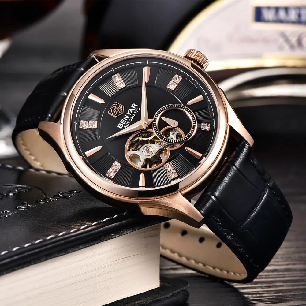 Марки часов фото BENYAR Men Genuine Leather Automatic Luxury Watch Men Brand Business Mechanical 