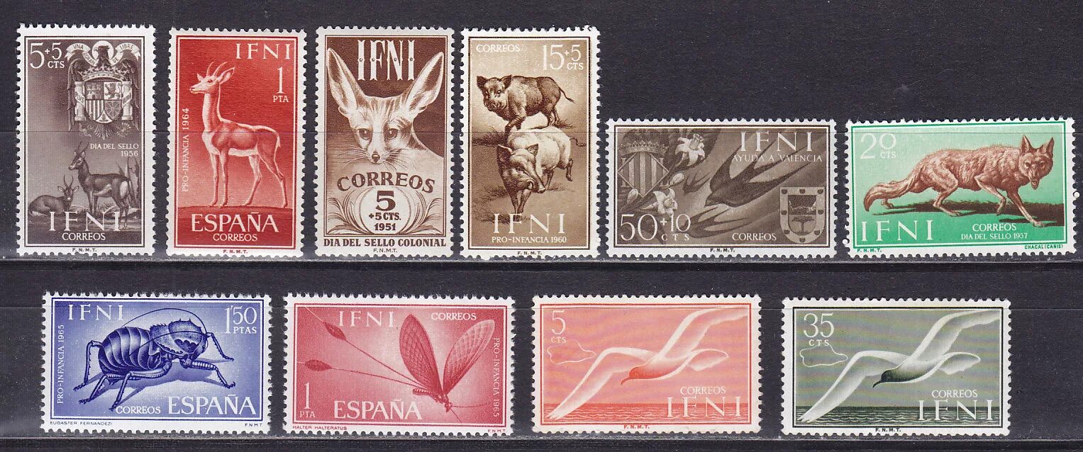 Марки морал фото Ифни, 1951-1965, Фауна. Подборка из 10 марок