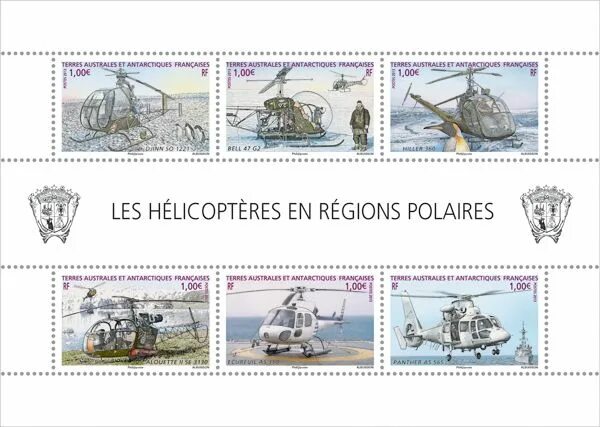 Марки вертолетов россии фото TAAF - Bloc Les hélicoptères en régions polaires Stamp, Rockhopper penguin, Heli