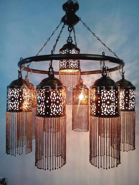 Марокканский светильник своими руками BR372 Antique Style Handmade Brass Ring 9 Down Light Large Moroccan lamp, Lamp l