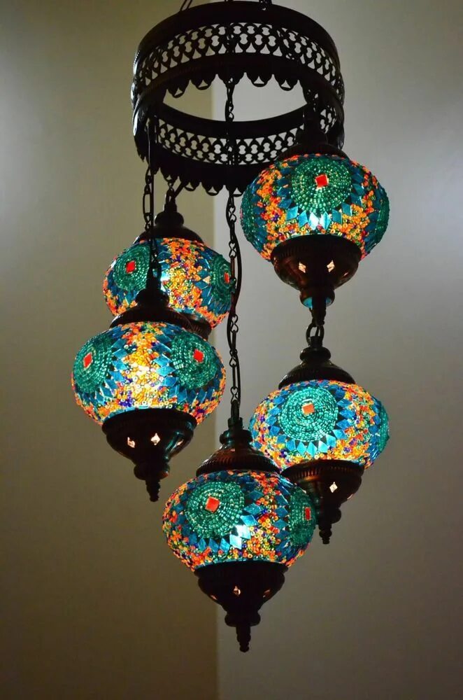 Марокканский светильник своими руками Turkish Handmade 5 Blue Globes Moroccan Mosaic Hanging Lamp Lantern Light 5S5564