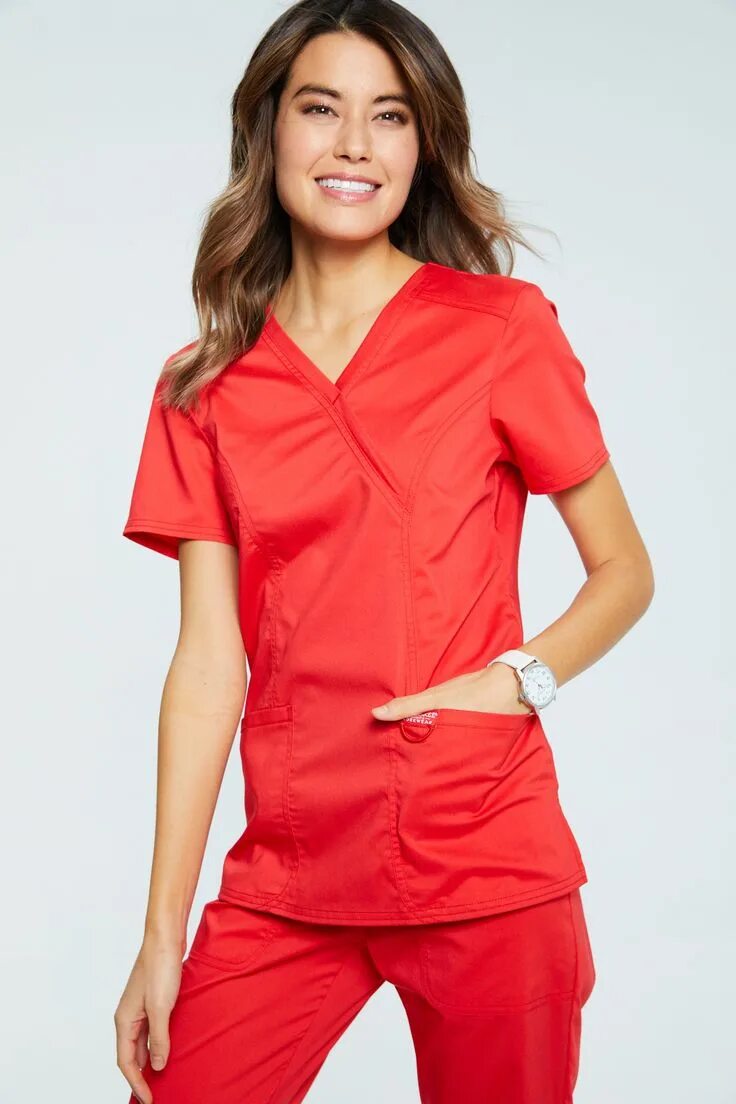 Медицинские костюмы фото Cherokee Workwear Mock Wrap Top (Regular) in Hot Tomato from Infinity Scrubs, LL