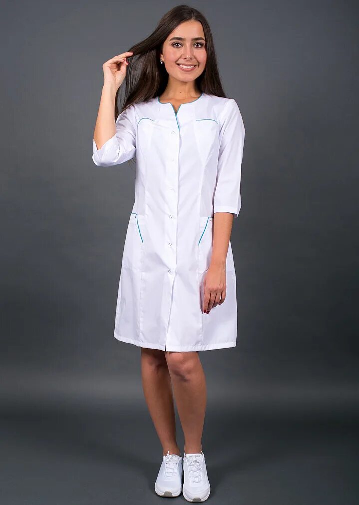 Медицинский халаты фото Халат женский № 242 DoctorBIG, белый/бирюзовый, тк. ТиСи (0/39) (87469062) : куп