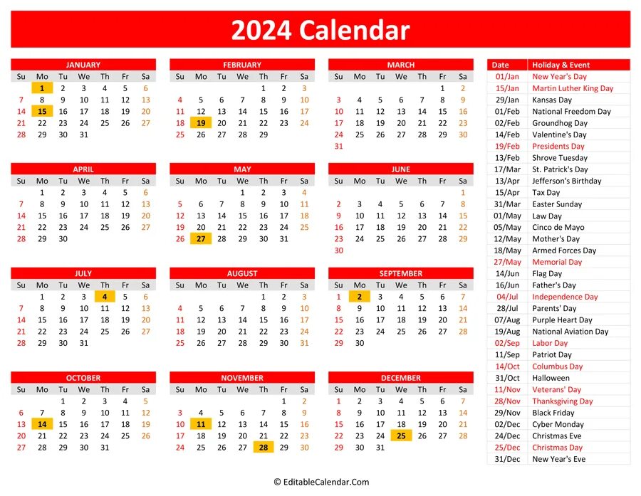 Медицинский календарь на 2024 год 2024 Calendar Printable With Holidays