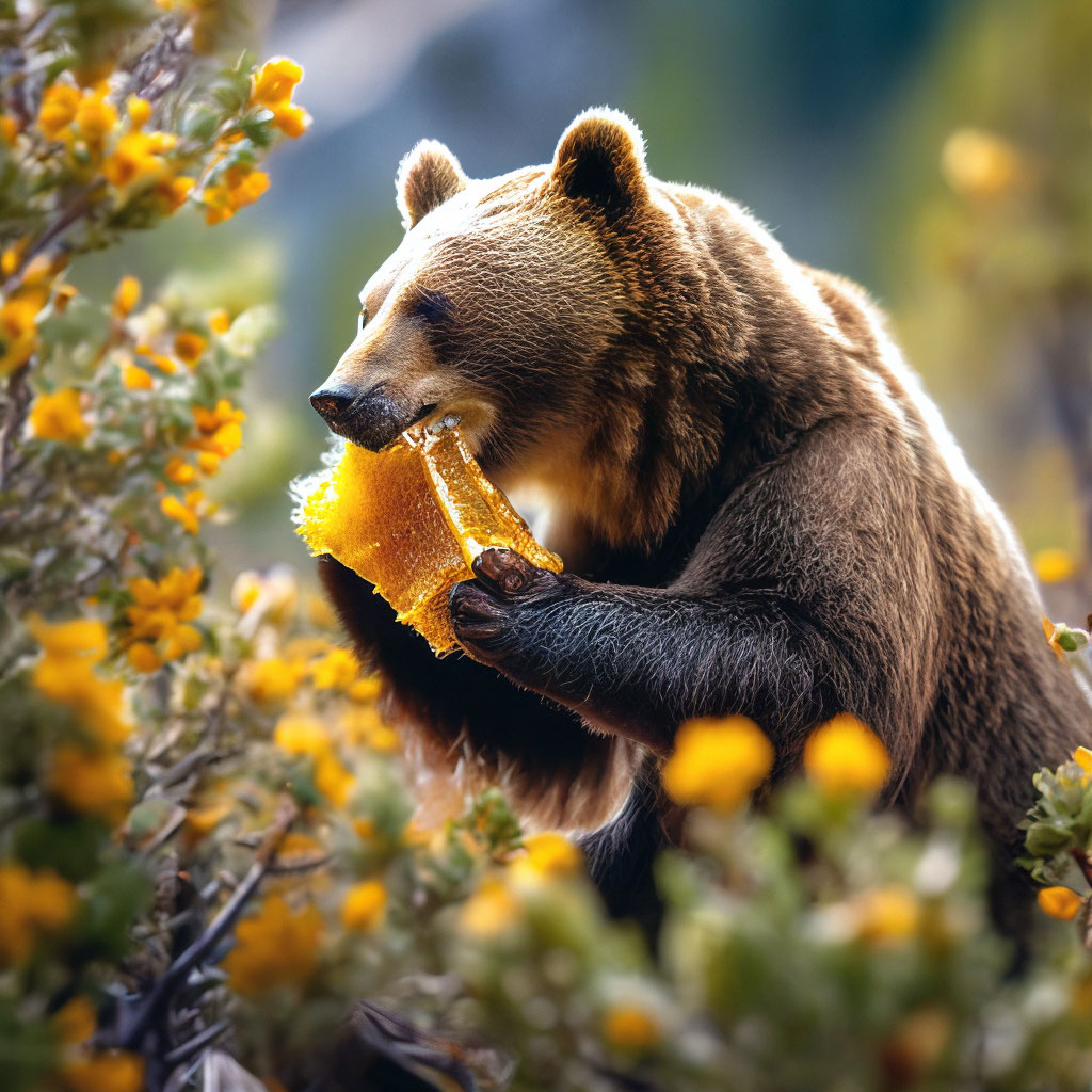 Медовый медведь фото "Bear eats honey from honeycombs, ." - image created in Shedevrum