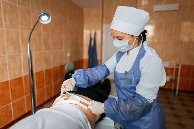 Медсестры боткинской больницы фото Premium Photo Woman doctor in a protective mask in a medical uniform puts a band