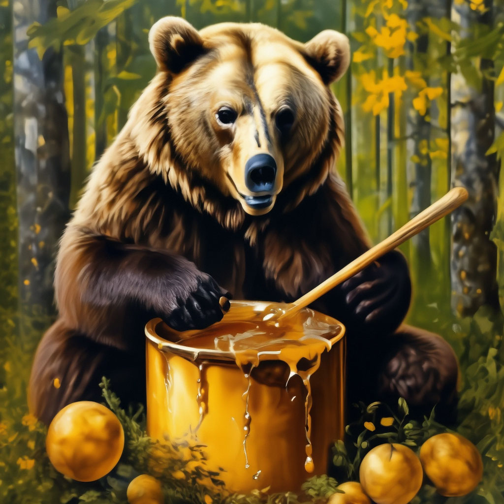 Медведь ест мед фото "The bear eats honey from the hive ." - image created in Shedevrum