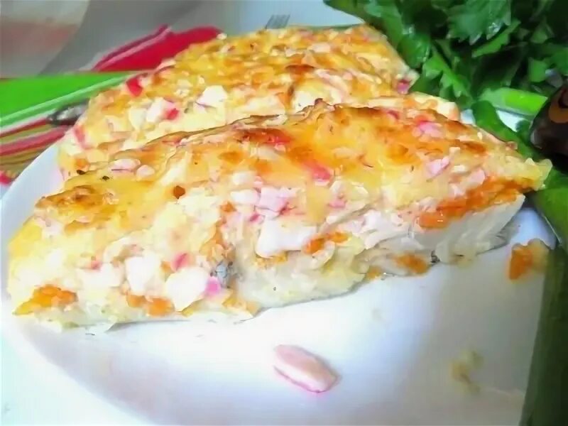 Минтай под шубой рецепт с фото Рыба запеченная с крабовыми палочками (филе трески) 1/120