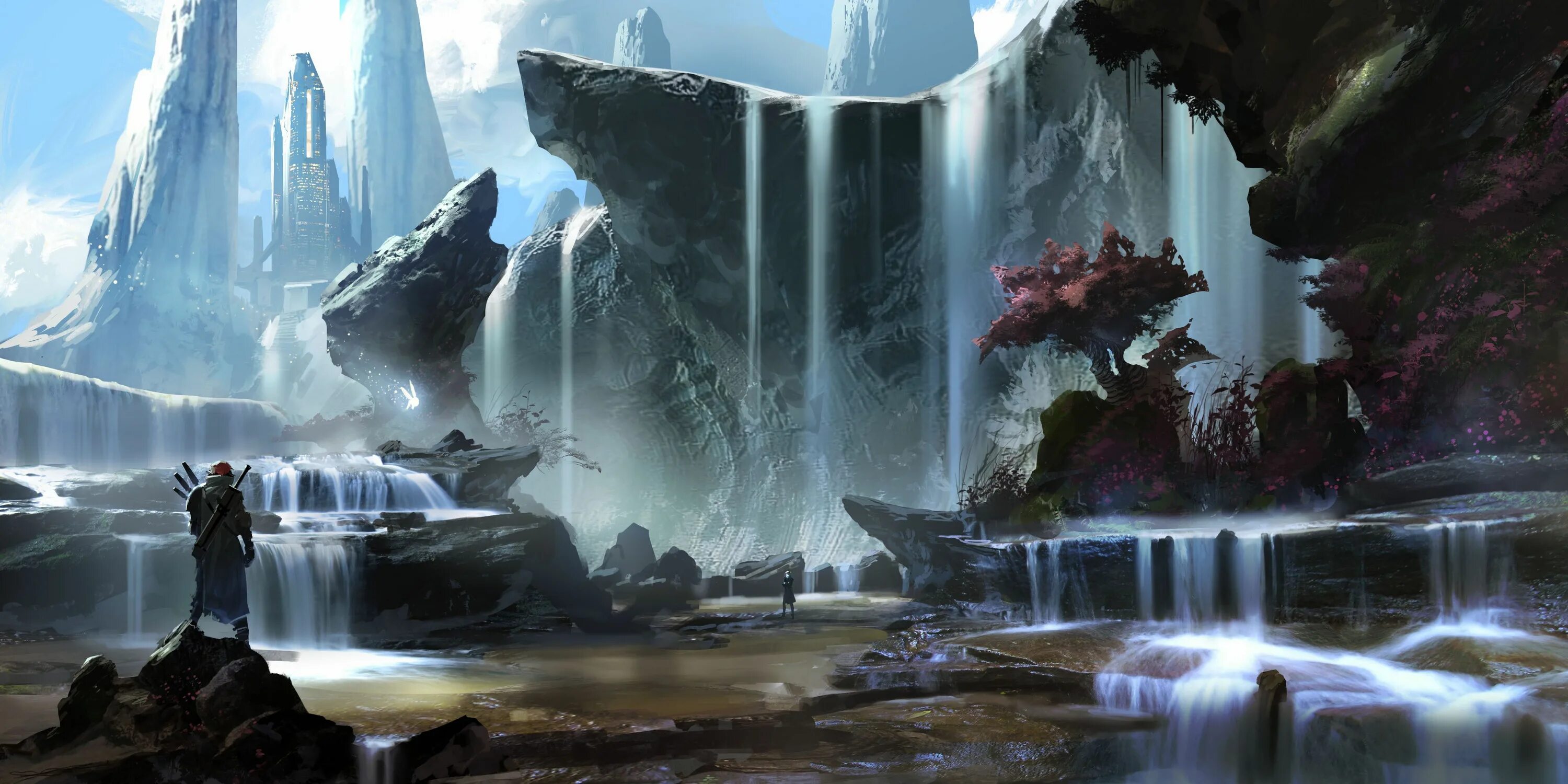 Мир фэнтези фото Fantastic world Waterfall landscape mountains river warrior Concept art world, F