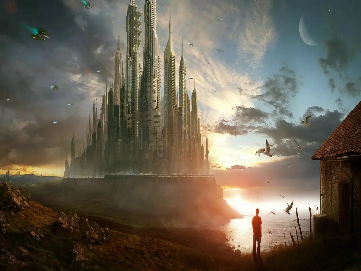 Мир фэнтези фото Sci Fi SciFi City Skyline Cottage River Crescent Moon Clouds background Computer