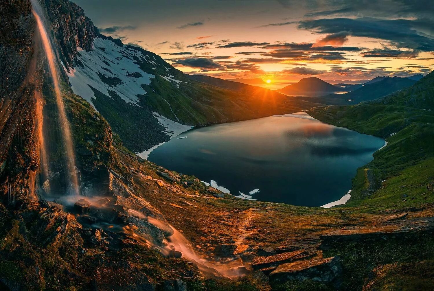 Мир фото скачать бесплатно Wallpaper : landscape, mountains, waterfall, sunset, sea, nature, reflection, sk
