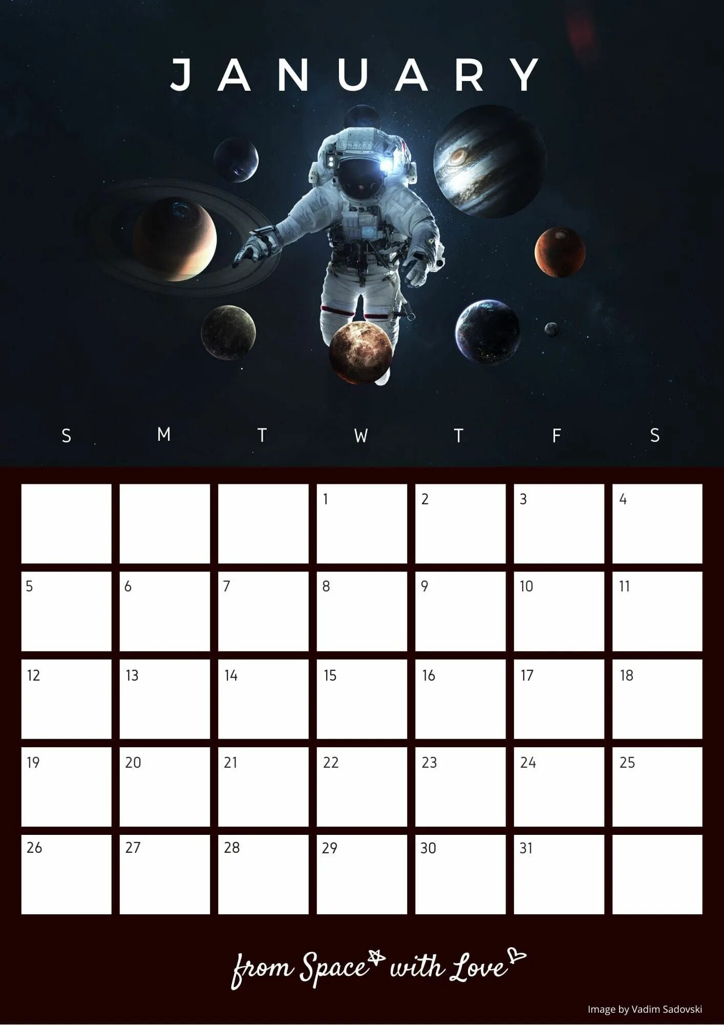 Мир космоса календарь на 2024 год January 2020 Space Calendar - From Space With Love