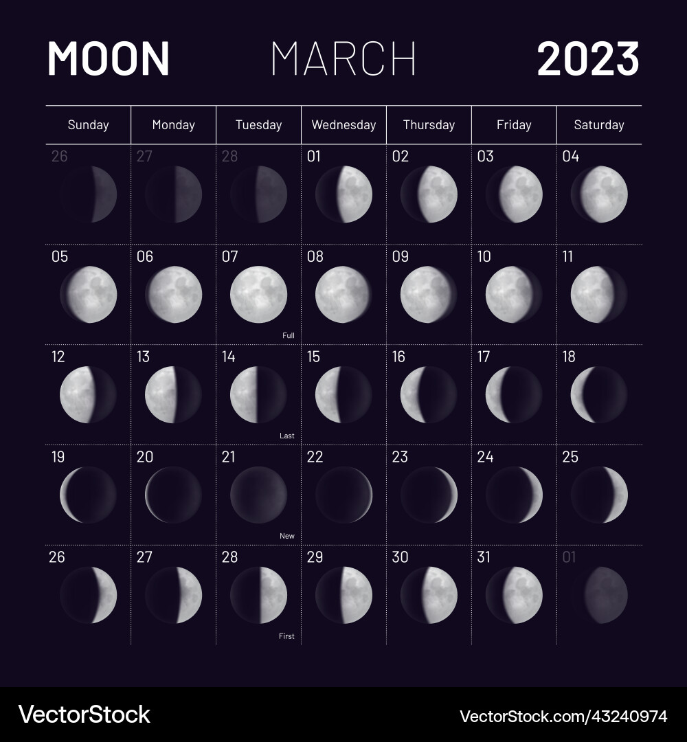 Мир космоса лунный календарь 2024г октябрь стрижек March lunar calendar for 2023 year monthly cycle Vector Image