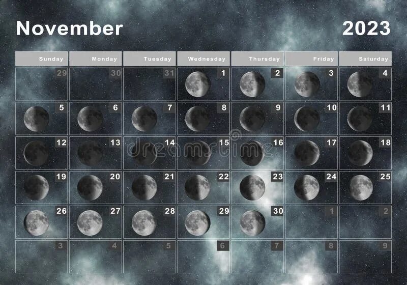 Мир космоса лунный календарь 2024г стрижки сентябрь November 2023 Calendar, Week Start Sunday Stock Illustration - Illustration of s