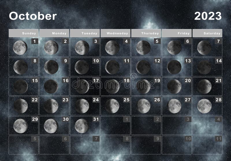 Мир космоса лунный календарь октябрь 2024 года October 2023 Lunar Calendar, Moon Cycles Stock Illustration - Illustration of ni