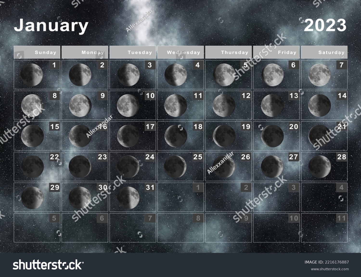 Мир космоса стрижка 2023 календарь 8.354 Week cycle Gambar, Foto Stok & Vektor Shutterstock