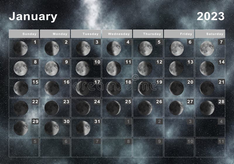 Мир космоса стрижки октябрь 2024 лунный January 2023 Lunar Calendar, Moon Cycles Stock Illustration - Illustration of qu