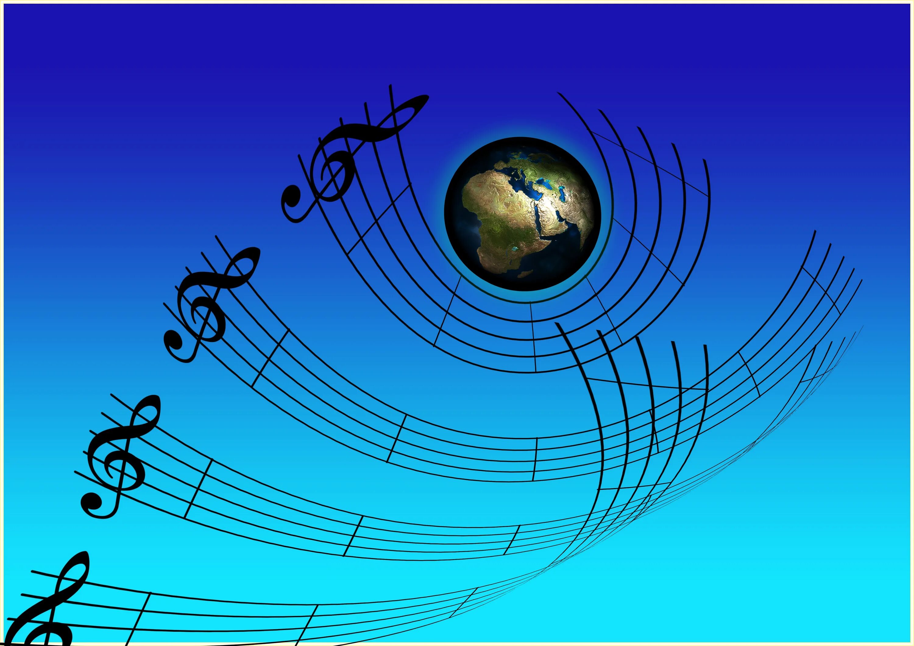 Мир музыки фото Treble clef and notes on a blue background free image download