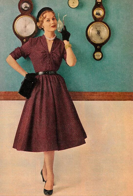 Мода 50 годов фото одежда 1953 Fashion Ad Layout, Dress, Shoes, Hat, Purse, Gloves Vintage Love Fashion, V