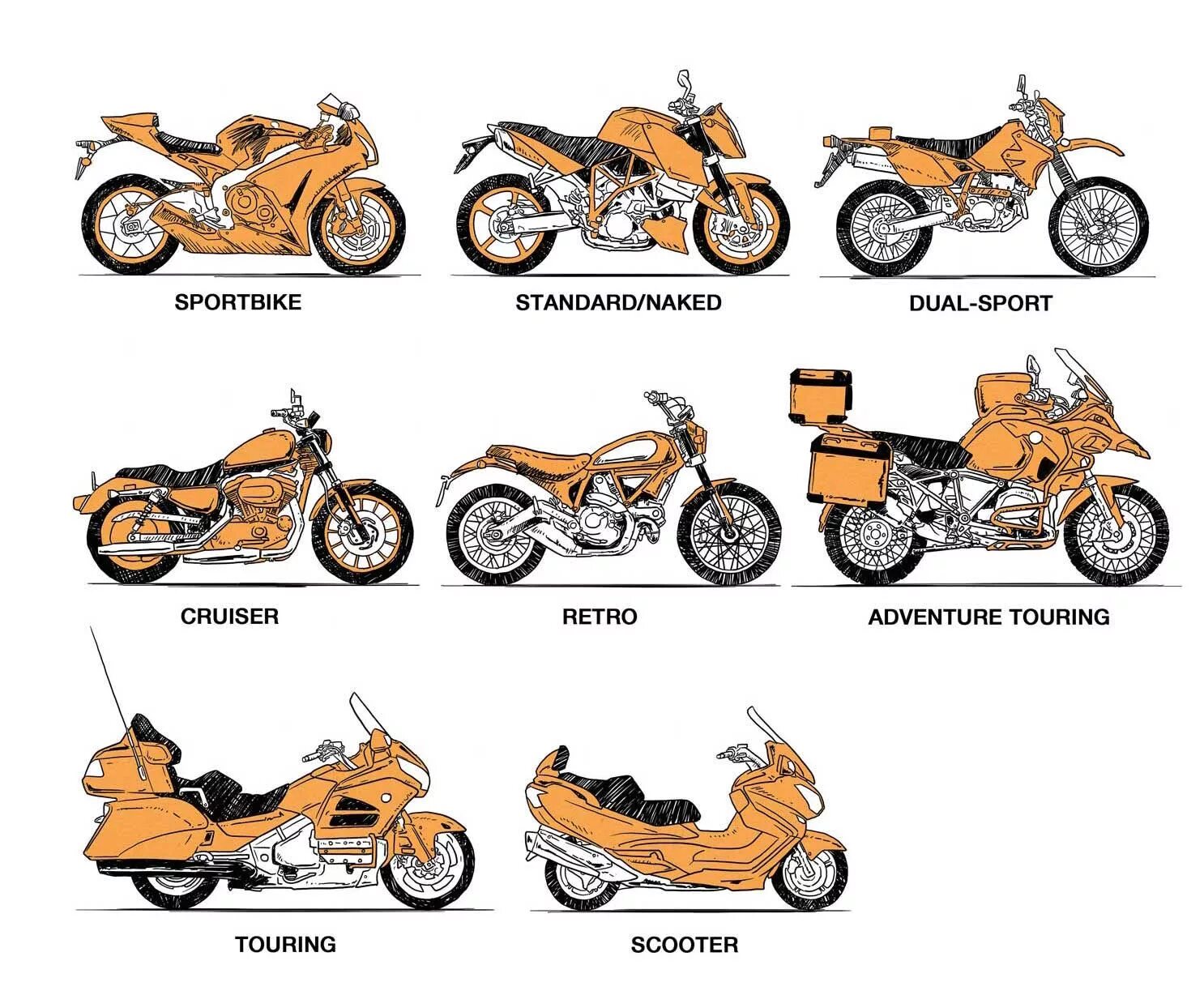 Мотоциклы разновидности фото Choosing The Right Type Of Motorcycle For You Motorcycle types, Motorcycle drawi