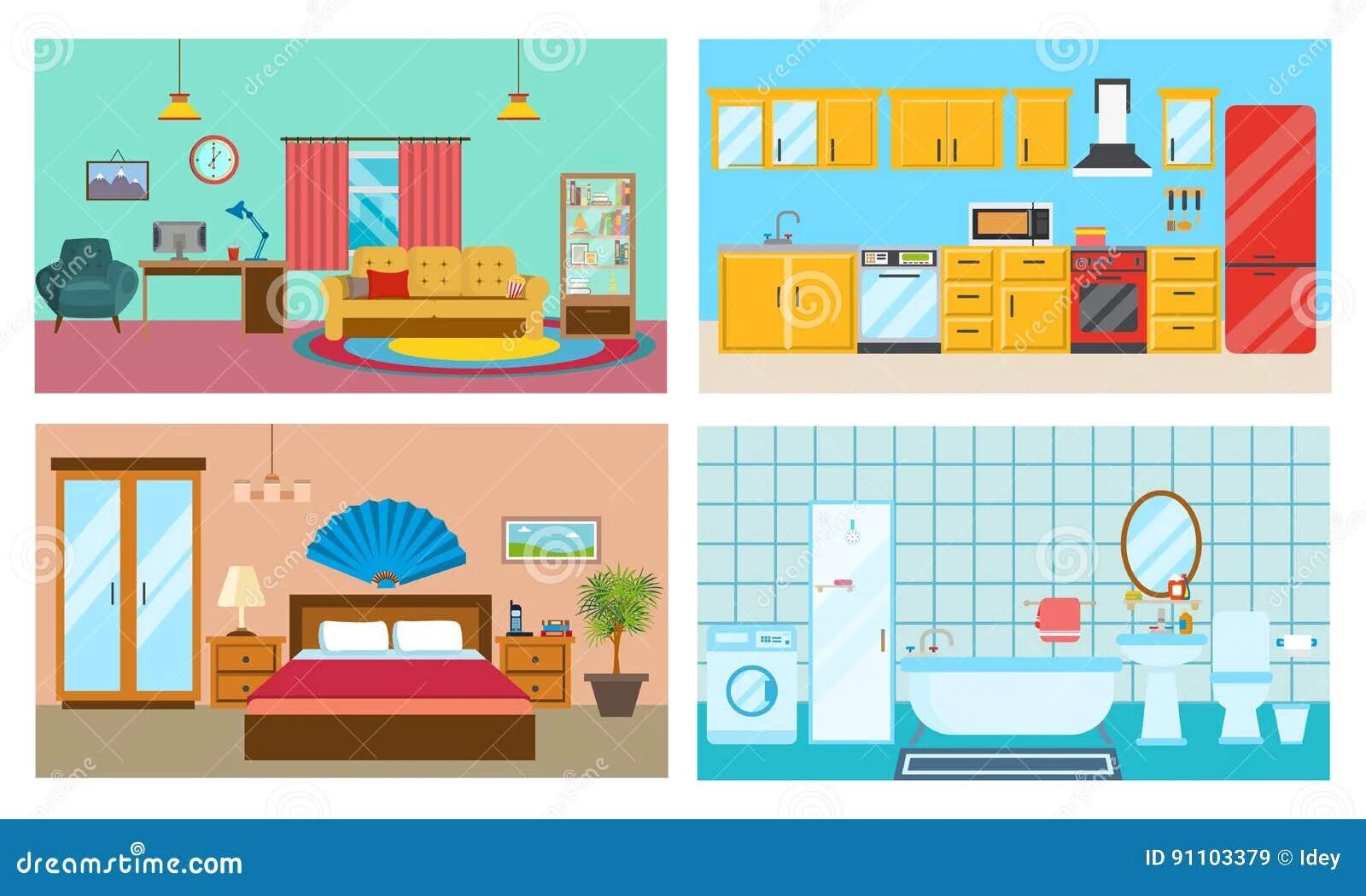 Мой дом квартира предметы интерьера 2 класс Modern Interior of Rooms: Living Room, Kitchen, Bedroom, Stylish Bathroom. Stock