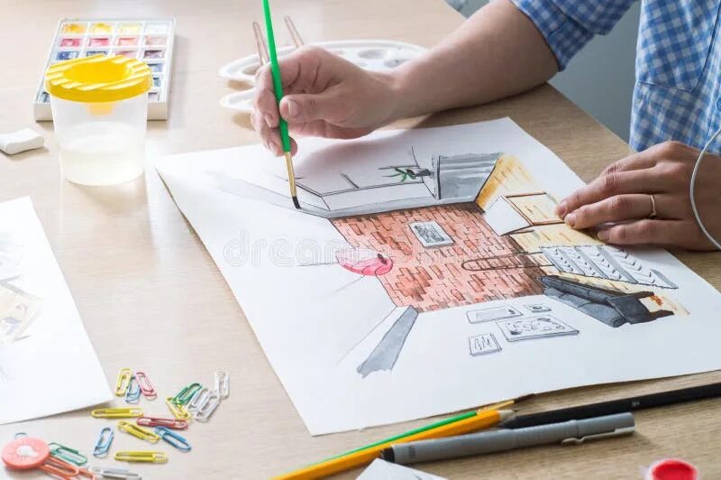 Моя будущая профессия дизайнер интерьера Creative Professions: the Girl Designer Makes Sketches of Interiors. Stock Image