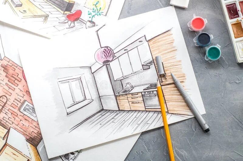 Моя будущая профессия дизайнер интерьера Creative Profession: Designer`s Desk with Scattered Sketches, Paints, Brushes, L