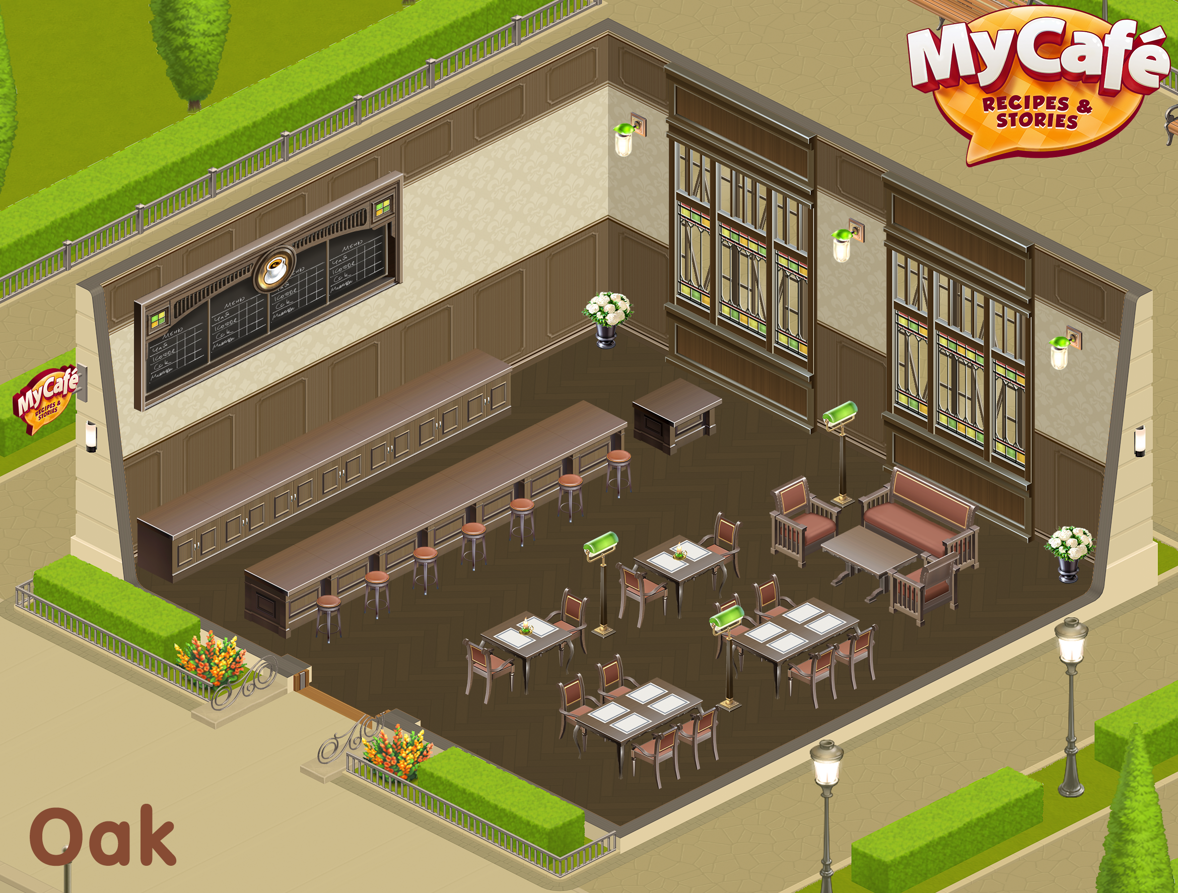 Моя кофейня стили интерьера Oak, English Style, My Cafe Game #mycafe #mycafegame Cafe design, Cafe style, Ca