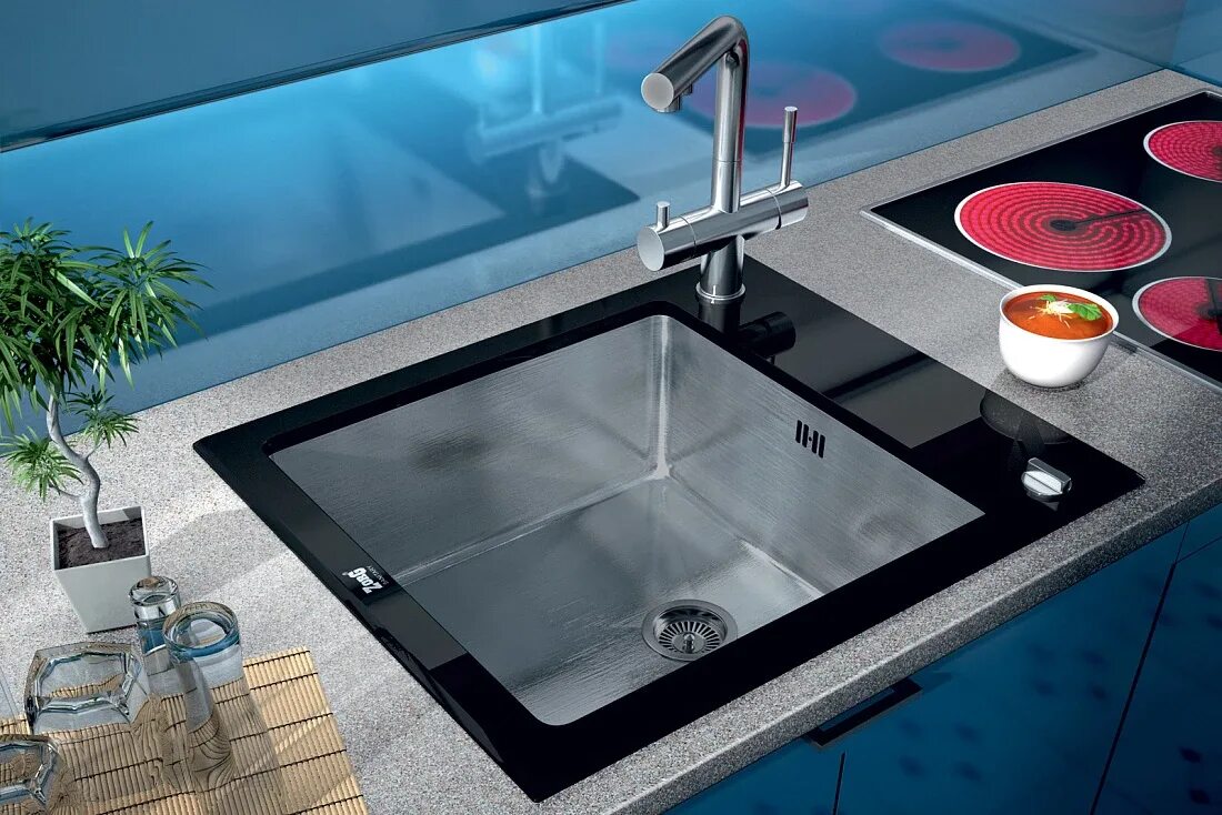 Мойка для кухни фото Мойка кухонная Zorg Inox Glass GL-6051-BLACK черное стекло купить в Москве в маг