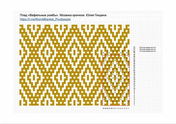 Мозаика вязание крючком схемы с описанием Вафельные ромбы. Мозаика крючком. Юлия Гендина Мозаичные узоры, Мозаичный узор, 