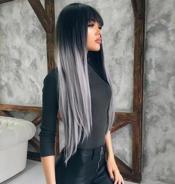 Нарощенные белые пряди на черные волосы фото Long Black To Grey Ombre Straight Synthetic Lace Front Wig Hair styles, Ombre ha
