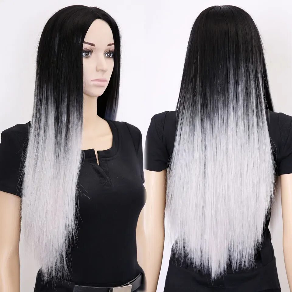 Нарощенные волосы черно белые фото 28'' Long Ombre Grey Wigs Cheap Long Synthetic Wigs For Black Women Natural Blac