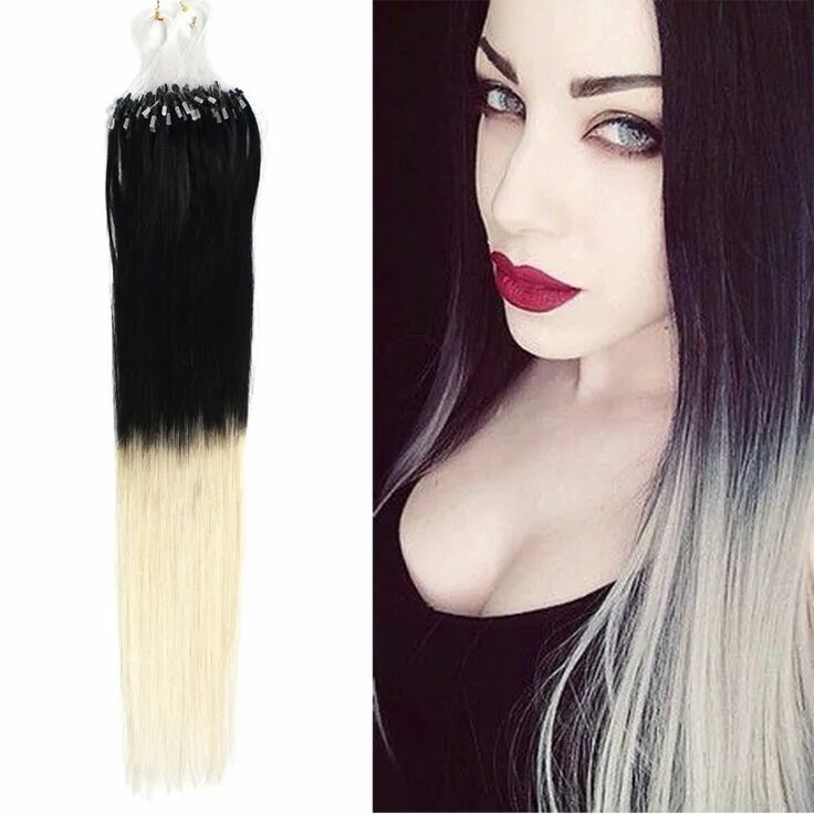 Нарощенные волосы черно белые фото Ombre Micro Loop Ring Hair Extensions Two Tones Color #1/613 Black To Light Blon